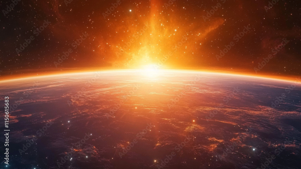 Poster planet horizon with bright orange glow. realistic vector illustration of view from outer space on ab