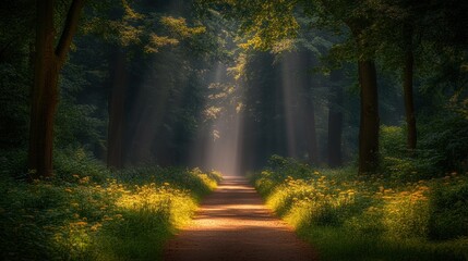 Obraz premium Sunbeams illuminate path through lush forest.