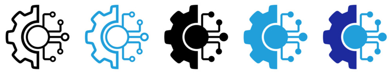 Digital Transformation line vectors in blue and black color in different styles on white background. Digital technology vector icon. Gear and circuit vector symbol. 