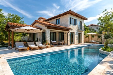 Fototapeta premium Luxury villa with swimming pool and sun loungers inviting relaxation