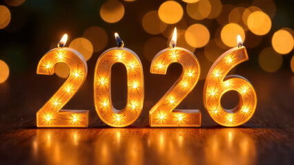 little volume letters &ldquo;2026&rdquo; made from burning candles over festive blurred bokeh golden background, empty place around letters