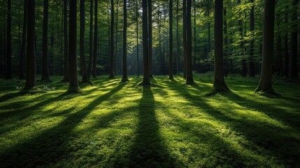 Obraz premium Sunbeams illuminate mossy forest floor.