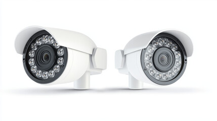 Security cam, cctv video camera, street observe surveillance equipment front and side angle view. Secure guard eye and crime prevention isolated on white background. Realistic 3d vector illustration