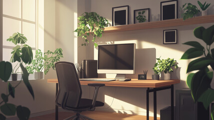 Empty office room with monitor on desk, chair, shelf with plants and black picture frames. Vector realistic interior of modern home workplace with computer screen and wooden table