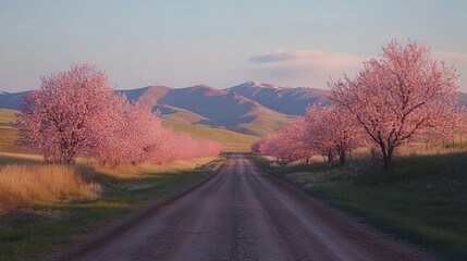 Fototapeta premium A rural dirt road lined with blooming cherry blossom trees and a clear sky overhead.