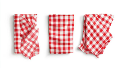 Fototapeta premium Traditional Red Chekered Kitchen Linen. Three Vector Photo Realistic Napkins Set Isolated On White