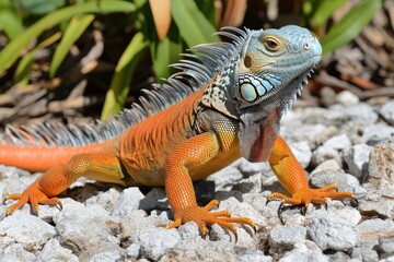 Obraz premium Orange iguana resting on rocks in tropical garden