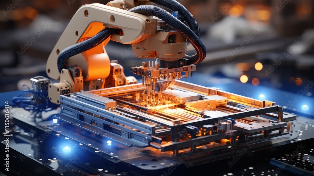 Aufkleber automated manufacturing process: robotic arm assembling circuit board