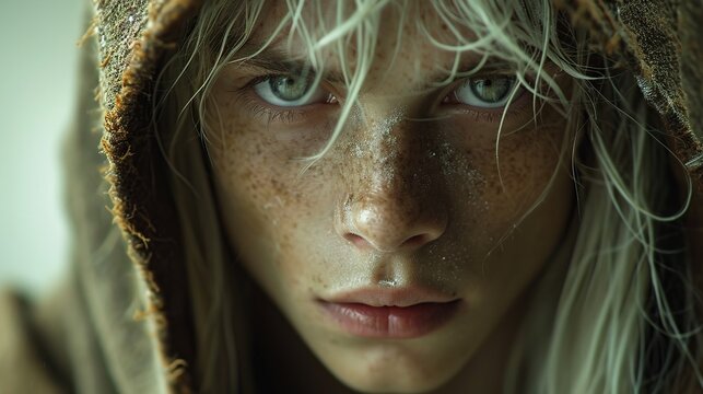 EXTREME CLOSE-UP SHOT, a handsome male pale elf, white milky skin, brown robes, milky white eyes, small elf ears, medieval, symmetrical face