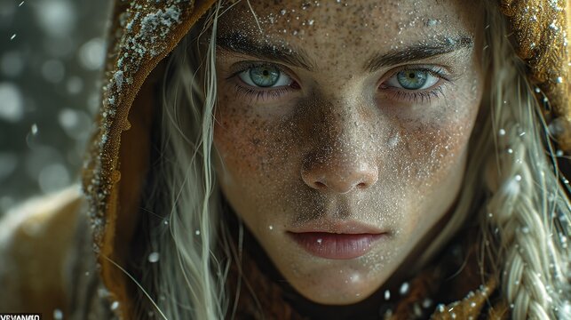 EXTREME CLOSE-UP SHOT, a handsome male pale elf, white milky skin, brown robes, milky white eyes, small elf ears, medieval, symmetrical face