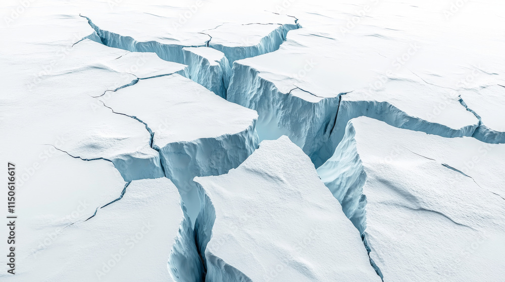 Poster broken ice, deep crack in frozen surface. breaks in glacier in perspective view. vector realistic ba