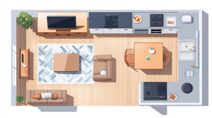 Studio room interior top view, sofa, tv and coffee table, kitchen countertop with sink and electric oven, desk and cupboard. Home, empty house, apartment with furniture. Realistic 3d vector render