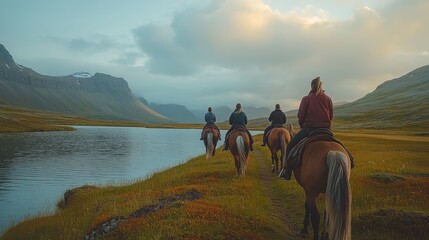 Horseback riding near lake and mountains in iceland: tourists enjoying icelandic landscape