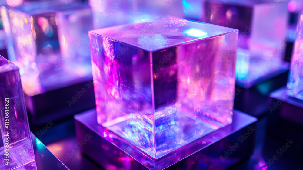 Poster 3d crystal light holographic glass cube vector isolated icon. realistic geometric translucent block 