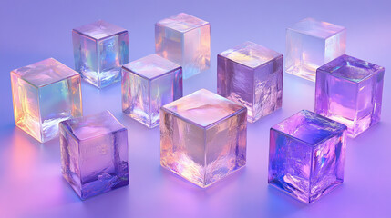 3d crystal light holographic glass cube vector isolated icon. Realistic geometric translucent block shape set with purple hologram refraction on different view. Futuristic gradient material clipart