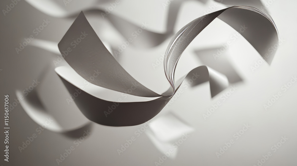 Poster flying curled paper sheet with shadow. realistic 3d vector illustration set of wind blow falling dow