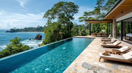 Fototapeta premium Infinity pool overlooking tropical ocean in luxury resort