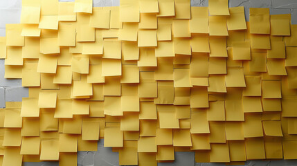 Many blank yellow sticky notes are pasted on the gray/white wall.