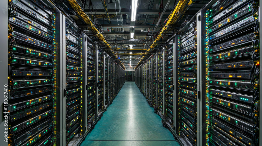 Poster data center, digital information storage room with server hardware on racks and hologram of processo