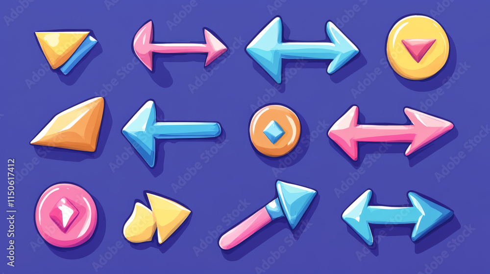 Poster colorful arrows, mouse cursors for computer game and ui design. vector cartoon set of glossy pointer