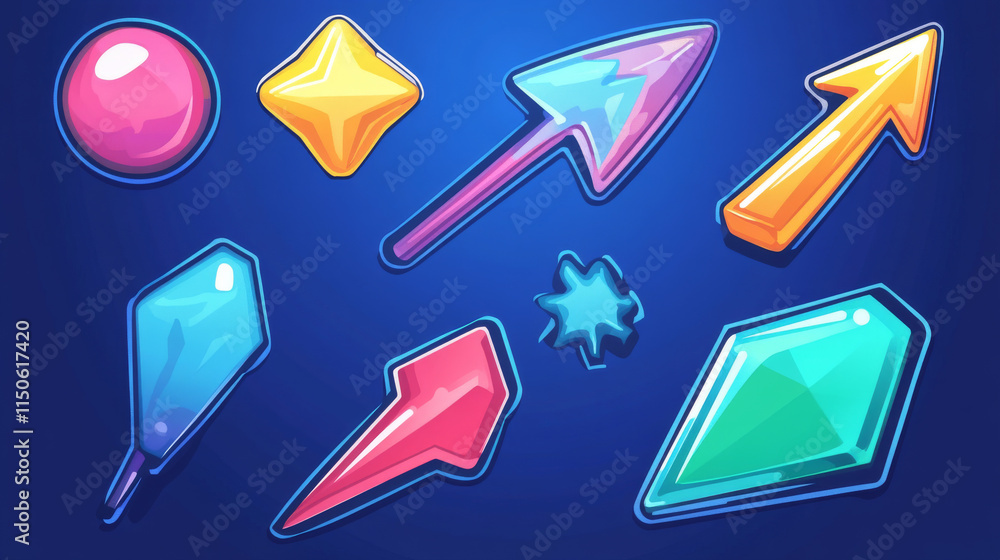 Poster colorful arrows, mouse cursors for computer game and ui design. vector cartoon set of glossy pointer