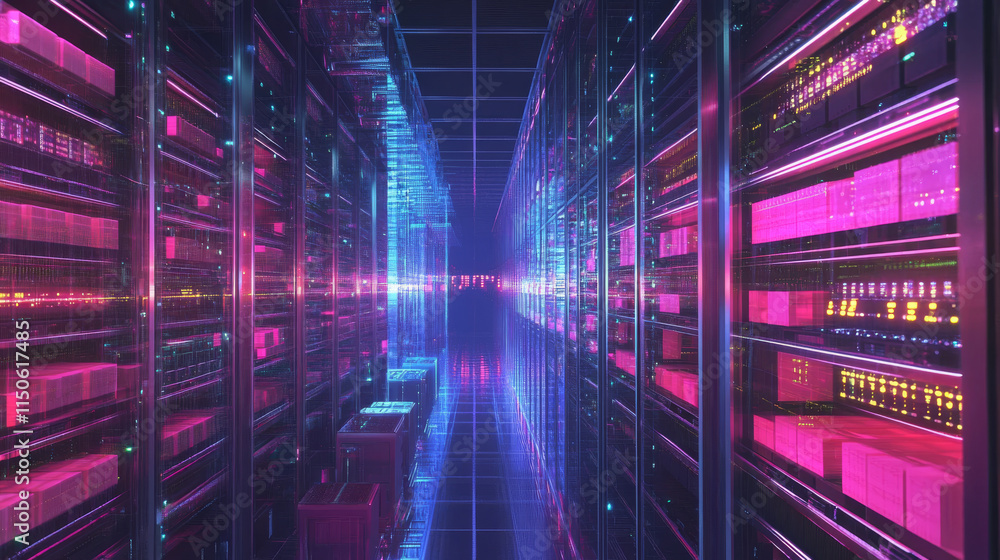 Poster data center, digital information storage room with server hardware on racks and hologram of processo