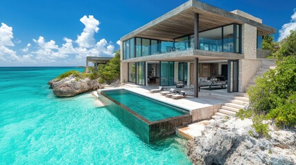 Fototapeta premium Luxurious modern villa overlooking breathtaking turquoise ocean with infinity pool