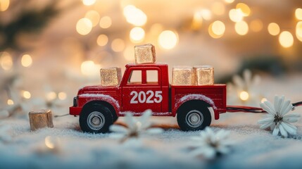red truck toy carrying wooden cube with number 2025 in the back of the pickup for start of beginning new year 2025 with blur white flower field and defocus sparkling bokeh light at background