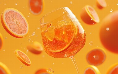 A refreshing Aperol spritz glass floating mid-air with orange slices, on a bright orange background