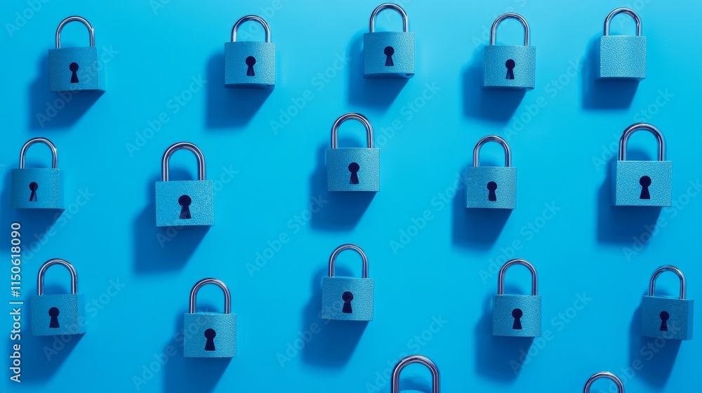Poster futuristic cyber security vector illustration. data security scanning. wireframe locks on blue backg