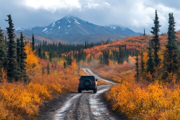 Driving off-road in denali national park during fall foliage season