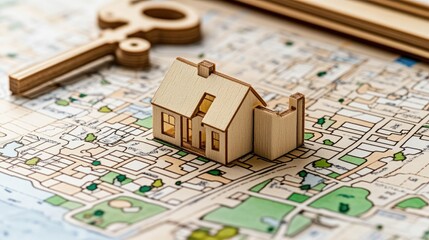 Naklejka premium Real Estate Investment Concept with Model House, Key, and Map