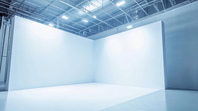 3d white booth stand room with wall for trade event mockup. Empty display corner with podium on floor mock up template. Blank presentation showroom interior set. Isolated exhibit advertising cube area