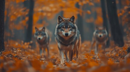 Wolf pack walking in autumn forest: majestic animals in natural habitat