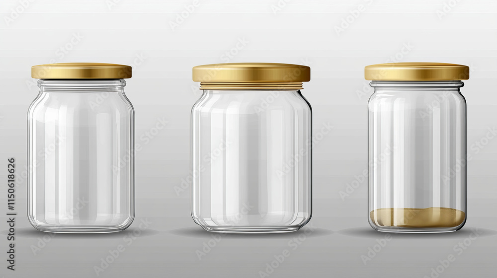 Poster empty glass jars different shapes with gold lids isolated on transparent background. vector realisti