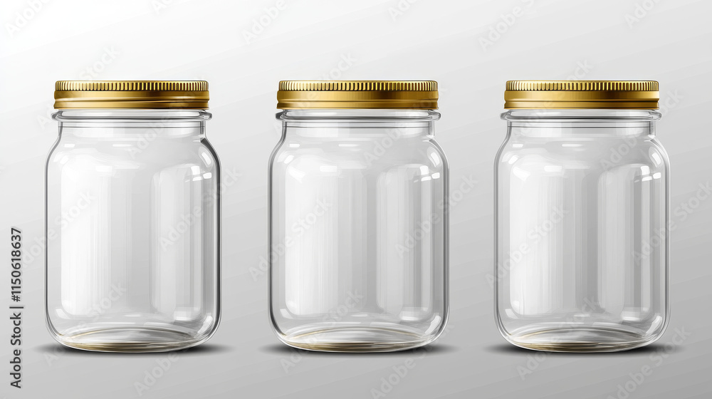 Poster empty glass jars different shapes with gold lids isolated on transparent background. vector realisti