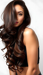 Naklejka premium Brunette girl with long and shiny wavy hair . Beautiful model with curly hairstyle, studio photography, with white tones
