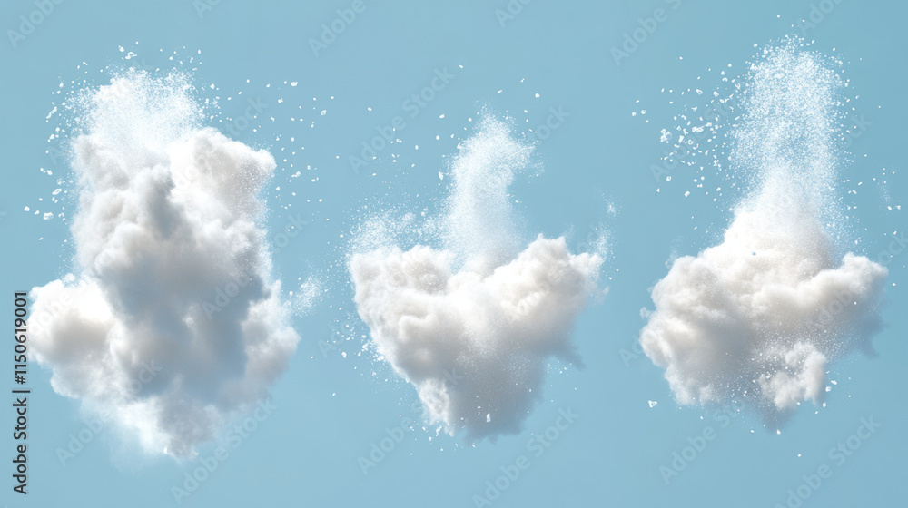Poster white powder explosion, snow burst with flying ice particles and snowflakes. vector realistic set of
