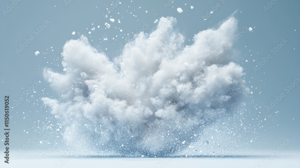 Poster white powder explosion, snow burst with flying ice particles and snowflakes. vector realistic set of