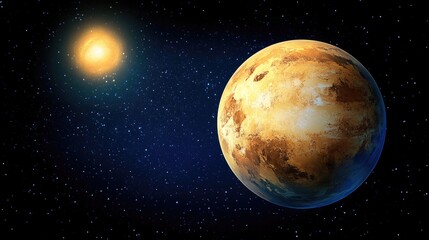 Fototapeta premium Bright Star and Mysterious Planet: Cosmic Exploration and Space Art