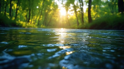 Fototapeta premium Sunlit river flowing through lush green forest.