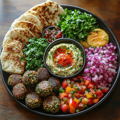 Mediterranean Mezze Platter with Hummus, Falafel, and Pita Bread