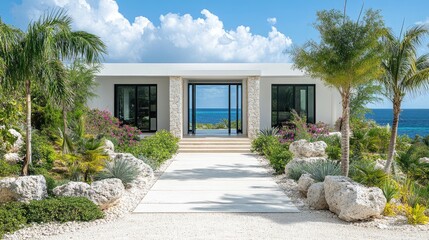 Modern luxury beachfront villa with open air entrance framing ocean view