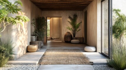 Corridor with plants leading to relaxation area in modern minimalist house