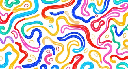 Obraz premium Colorful squiggly lines, abstract pattern, vibrant colors, playful shapes, wavy curves, dynamic composition, minimalist design, graphic art, seamless background, cheerful aesthetic, primary colors, fl