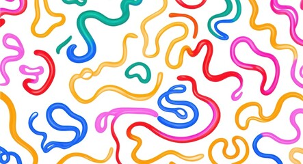 Obraz premium Colorful squiggly lines, abstract pattern, vibrant colors, playful shapes, wavy curves, dynamic composition, minimalist design, graphic art, seamless background, cheerful aesthetic, primary colors, fl