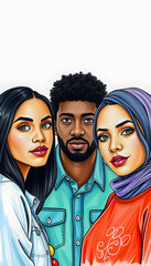 young multicultural models looking at camera isolated on white, banner, crayon drawing