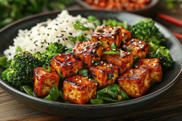 Fototapeta premium Sesame Ginger Tofu with Rice and Broccoli