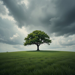 Fototapeta premium Solitary Tree in a Serene Meadow Under a Dramatic Sky