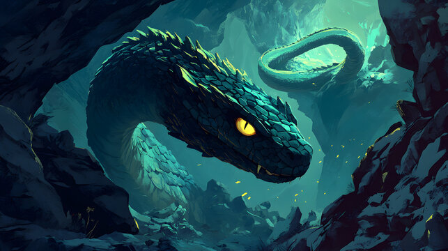 A stylized design of a basilisk slithering through a rocky cavern.